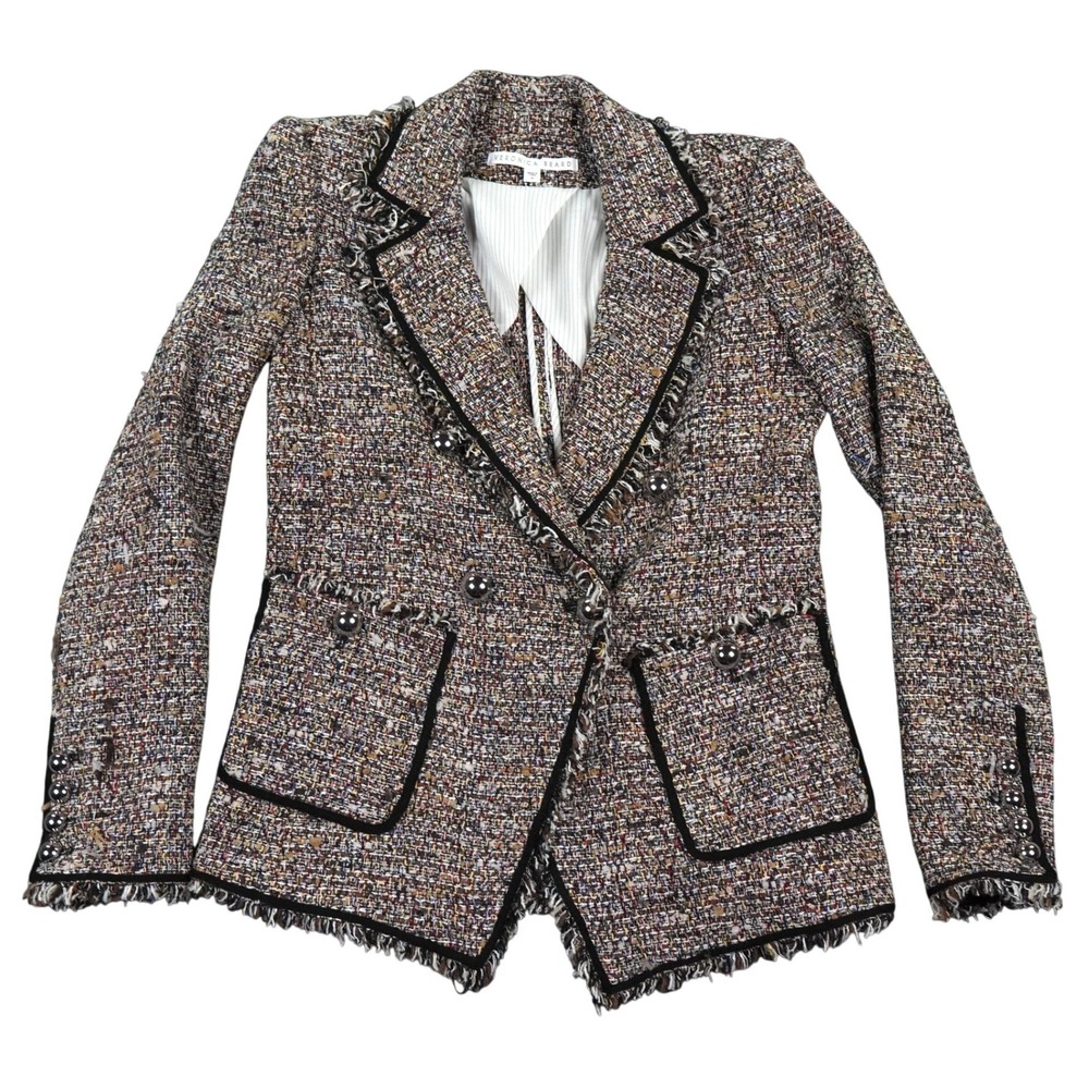 Veronica Beard Theron Tweed Blazer Womens 6 Fringe Trim Double Breasted Jacket
